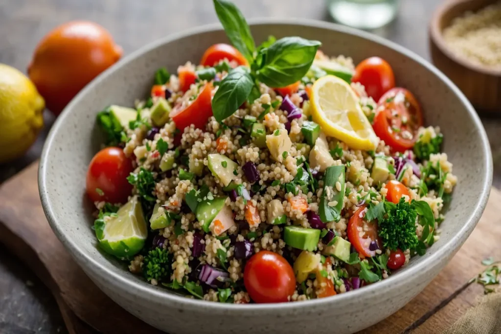 Quinoa Salad with Veggies and Lemon-Tahini Dressing (Gluten-Free and Protein-Packed)