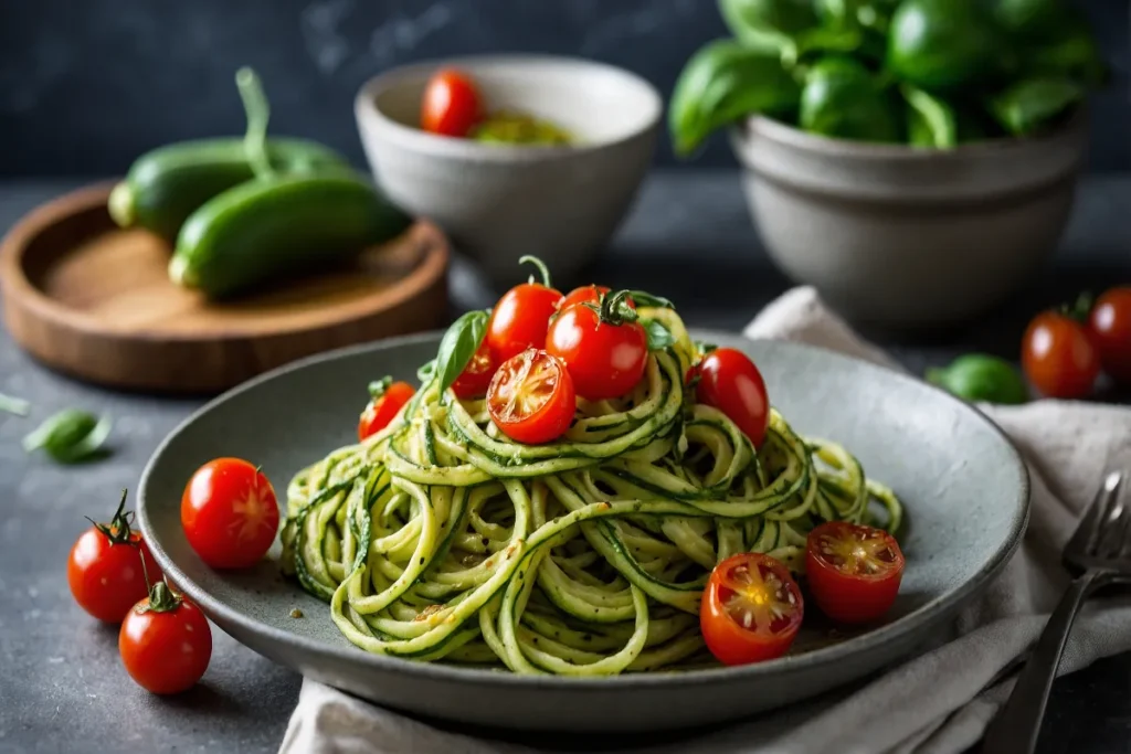 Zucchini Noodles with Pesto and Cherry Tomatoes (A Light, Gluten-Free Pasta Alternative)