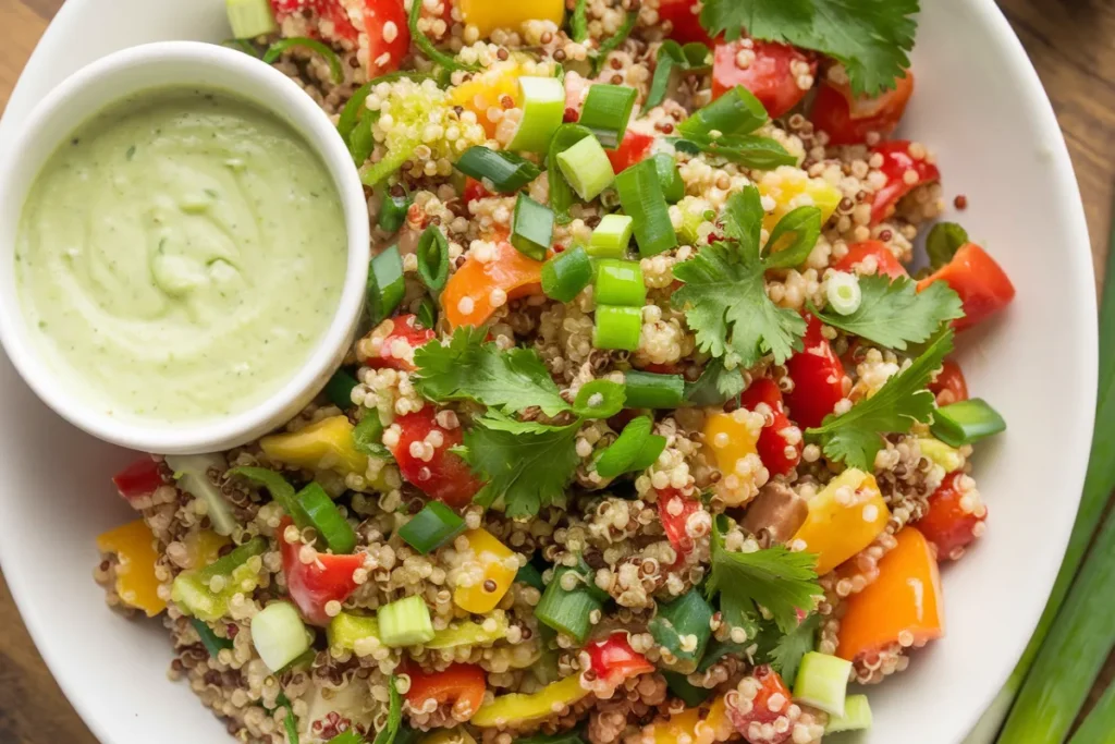 Rainbow Quinoa Salad with Creamy Avocado Dressing