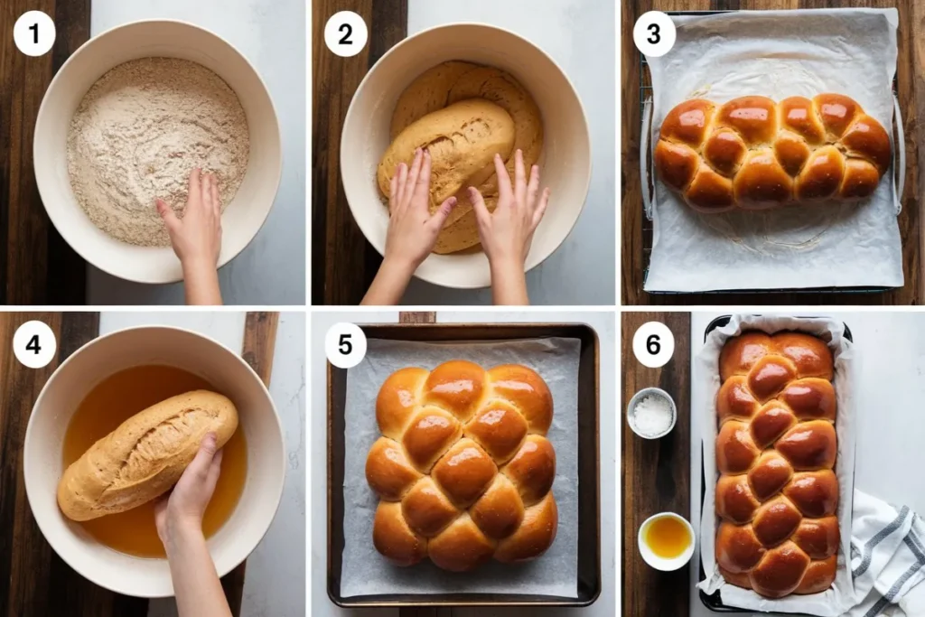 A step-by-step recipe for gluten-free challah bread. The ingredients needed are a mix of gluten-free flour, eggs, oil, sugar, salt, and xanthan gum. The steps include mixing the ingredients, kneading the dough, shaping it into a loaf, and baking it in the oven. The final product is a golden-brown, fluffy loaf of challah bread.