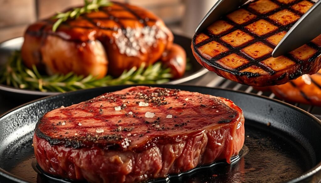 A beautifully lit and detailed close-up of various cooking methods for filet mignon, including searing, grilling, and roasting. In the foreground, a perfectly seared filet mignon steak sizzles on a cast-iron skillet, with a light dusting of sea salt and cracked black pepper. In the middle ground, a filet mignon roast sits atop a bed of rosemary and thyme, its surface caramelized to a rich, golden-brown hue. In the background, a pair of tongs carefully flips a grilled filet mignon steak, revealing grill marks and a juicy, tender interior. The lighting casts warm, dramatic shadows, and the overall composition evokes the luxurious and sophisticated nature of this premium cut of beef.