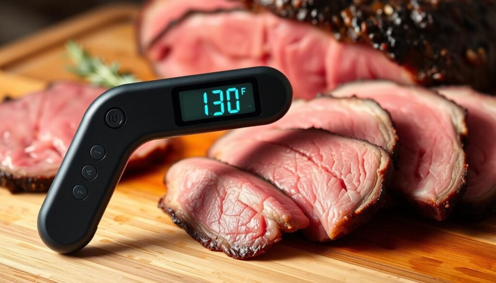 A beautifully lit, high-resolution image of a precision meat thermometer displaying the ideal internal temperature of 130°F for a perfectly cooked prime rib roast. The thermometer is the central focus, nestled against a backdrop of thinly sliced, rosy-pink prime rib, arranged on a wooden cutting board. Subtle shadows and highlights accentuate the thermometer's sleek design and the tender, juicy texture of the meat. The overall composition conveys a sense of culinary expertise, showcasing the technical precision required to achieve the perfect medium-rare doneness for this premium cut of beef.