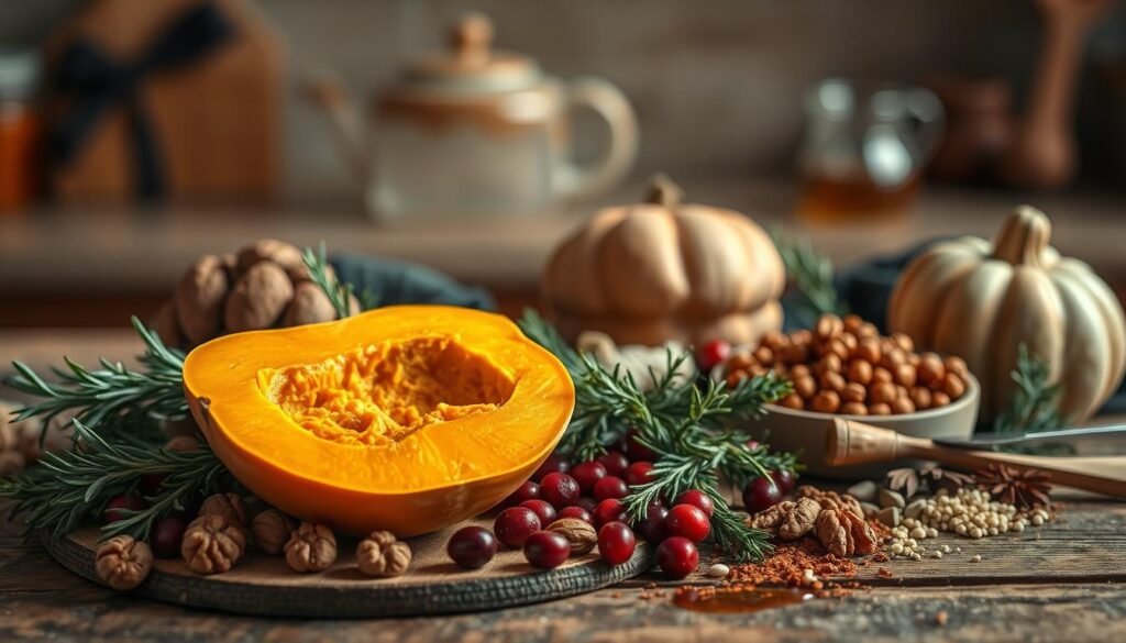 A bountiful still life featuring an array of autumn flavors. In the foreground, a halved butternut squash sits atop a rustic wooden surface, its golden flesh glistening under warm, soft lighting. Surrounding it are an assortment of complementary ingredients: sprigs of fragrant rosemary, a scattering of toasted walnuts, a handful of plump cranberries, and a drizzle of rich, amber-hued maple syrup. The middle ground features a selection of spices and herbs, their vibrant colors and textures creating a visually appealing composition. In the background, a soft, hazy blur suggests a cozy, inviting kitchen atmosphere, where the aromas of these harmonious flavors mingle together.