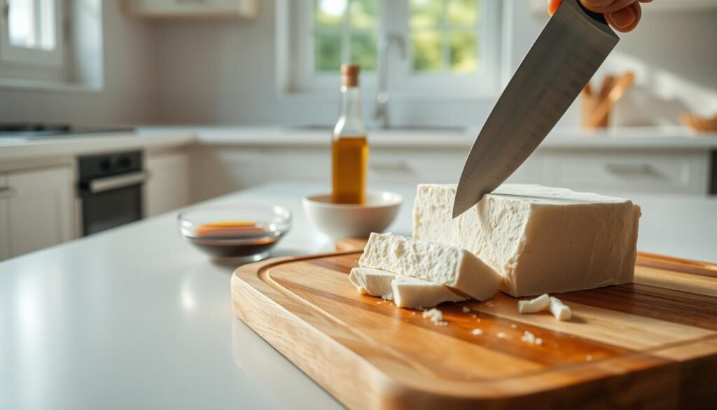 A bright, airy kitchen setting with a wooden cutting board in the foreground. On the board, a block of firm tofu is being sliced with a sharp chef's knife, revealing the dense, creamy interior. In the middle ground, a small bowl of marinade ingredients - soy sauce, rice vinegar, and sesame oil - stands ready to infuse the tofu with bold flavors. The background showcases clean, minimalist countertops and a window that floods the scene with natural, diffused lighting, creating a serene, culinary atmosphere. The overall mood is one of focused preparation, highlighting the importance of properly preparing tofu for delicious, textured dishes.