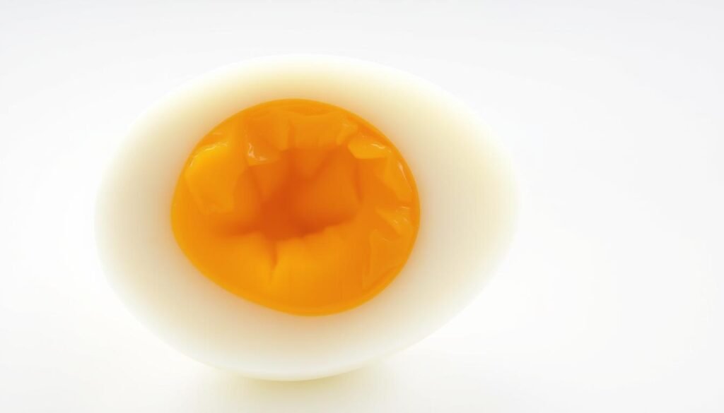 A bright, crisp close-up of a perfectly cooked hard boiled egg, its golden yolk nestled within the firm yet tender white. The lighting is natural and soft, illuminating the egg's smooth, glistening surface. The camera angle is slightly elevated, creating a sense of intimacy and highlighting the egg's flawless form. The background is clean and minimalist, allowing the egg to take center stage. The overall mood is one of culinary perfection, inviting the viewer to appreciate the ideal cooking time that has resulted in this quintessential hard boiled egg.