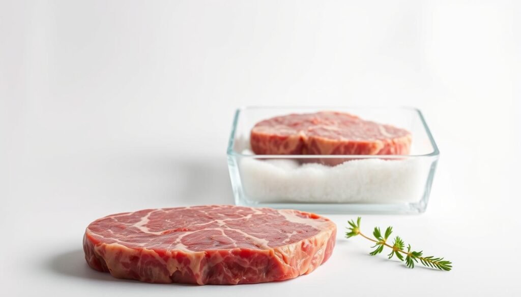 A bright, high-contrast studio setup showcasing a meticulously arranged display of fresh and frozen filet mignon steaks. In the foreground, the fresh steak glistens with natural juices, its marbled texture invitingly exposed. Beside it, the frozen steak sits in a glass-fronted display, its surface frosted and crystalline. Soft, even lighting from above highlights the subtle differences in color, fat content, and overall quality between the two cuts of beef. The background is a clean, white seamless paper backdrop, allowing the steaks to take center stage. The overall mood is one of culinary authority and expertise, guiding the viewer to make an informed choice between the fresh and frozen options.