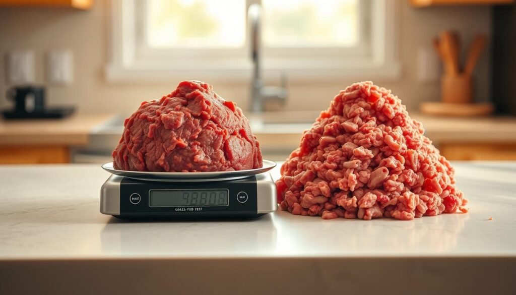 A bright, well-lit kitchen counter displaying two piles of ground beef - one a deep, rich brown color, the other a lighter, leaner shade. The grass-fed beef stands tall and firm, while the conventional ground beef appears softer and more finely textured. A digital food scale sits nearby, inviting the viewer to compare the weights and consider the differences in quality and nutritional content. Warm, natural lighting casts a gentle glow, highlighting the distinct visual characteristics of each type of ground beef. The scene conveys a sense of informed decision-making, guiding the viewer towards choosing the most suitable ground beef for their culinary needs.