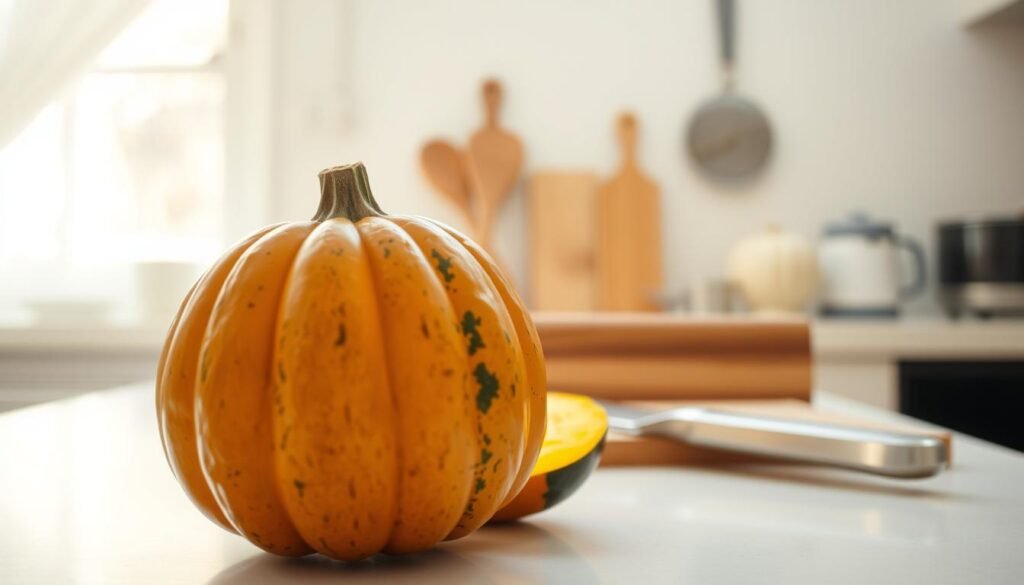 A bright, well-lit kitchen counter with a freshly washed acorn squash in the foreground. Soft, natural sunlight cascades in from a nearby window, casting a warm glow on the scene. In the middle ground, a sharp kitchen knife and a wooden cutting board stand ready. In the background, a few simple kitchen tools and appliances are neatly arranged, suggesting an organized, functional workspace. The overall mood is one of thoughtful preparation, with a focus on the tactile experience of slicing into the firm, ribbed skin of the squash to reveal its vibrant, golden-orange flesh.