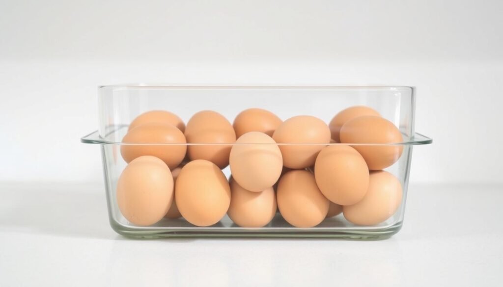 A clean, well-lit kitchen counter with a glass or ceramic container filled with neatly arranged hard boiled eggs. The eggs are a uniform light brown color, with distinct shells and a slightly shiny appearance. The container is placed against a plain, neutral-colored backdrop, such as a white wall or lightly textured surface. The lighting is soft and evenly distributed, highlighting the subtle details of the eggs and container. The overall mood is calm, organized, and informative, inviting the viewer to consider the proper storage of these cooked delicacies.