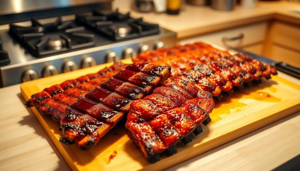 A clean, well-lit kitchen countertop with a cutting board, an array of cooking tools, and a pair of succulent pork ribs. The ribs are arranged to showcase the contrasting cooking methods - one set is coated in a sticky barbecue glaze, while the other remains unadorned. Soft, warm lighting casts an inviting glow, highlighting the textural details of the meat. In the background, a blurred view of a gas stovetop and oven, suggesting the various techniques for achieving the perfect rib texture and flavor. The overall scene conveys a balance of high-heat searing and low-and-slow braising, ready to illustrate the nuances of rib cooking.