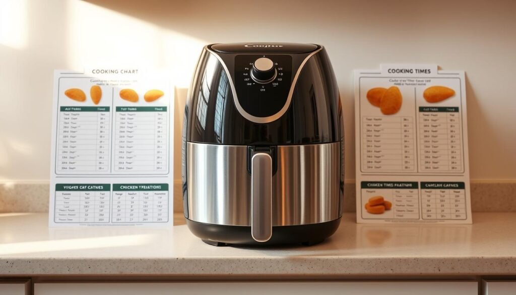 A clean, well-lit kitchen countertop with a shiny modern air fryer in the center. The air fryer is surrounded by cooking time charts and guides neatly arranged, showcasing temperatures and durations for different types of chicken breasts. The background is a soft, neutral color, allowing the air fryer and the cooking information to be the focal point. The lighting is warm and natural, creating a inviting, informative atmosphere. The angle is slightly elevated, providing a clear view of the air fryer and the charts around it, as if the viewer is looking down on a well-organized cooking preparation area.