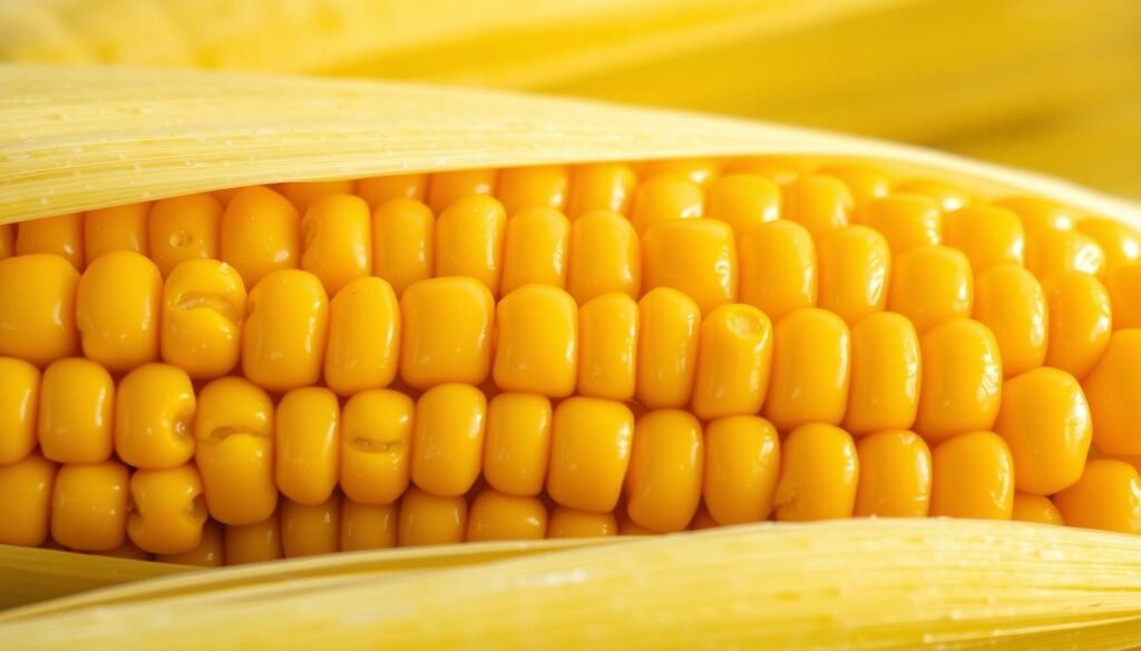 A close-up, high-resolution photograph of a freshly picked ear of corn on the cob. The golden kernels shine in the warm, natural lighting, their edges highlighted by soft shadows. The husk has been carefully peeled back, revealing the plump, juicy kernels arranged in neat rows. The cob itself is thick and sturdy, with a slight curve that adds visual interest. The image has a crisp, clean focus, drawing the viewer's attention to the intricate details and vibrant colors of this quintessential summer vegetable.