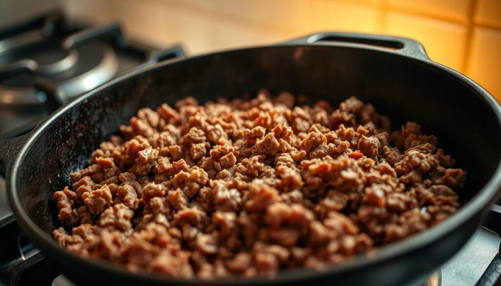 A close-up of a cast iron skillet on a gas stove, filled with sizzling, crumbled ground beef being sautéed. The beef is a rich, deep brown color, with visible bits of fat rendering and juices bubbling. The scene is bathed in warm, golden light from the gas flame, casting a soft glow on the pan and beef. The background is blurred, but hints at a simple, minimalist kitchen setting. The angle showcases the texture and movement of the beef as it's stirred and cooked, highlighting the essential technique of sautéing ground meat for basic recipes.