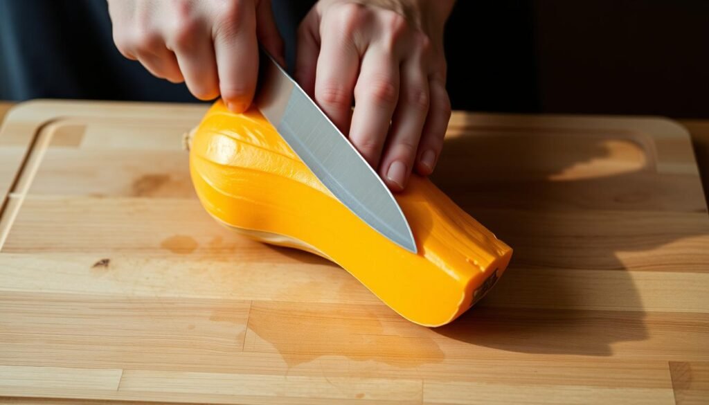 A close-up photograph of a person's hands carefully peeling the tough skin off a freshly cut butternut squash. The squash is positioned on a clean, wooden cutting board, casting soft shadows. The hands are using a sharp, stainless steel paring knife, applying gentle pressure to reveal the bright orange flesh underneath. Soft, diffused lighting from the side illuminates the textures and highlights the process. The image conveys a sense of focused precision and care required to properly prepare the squash for cooking.