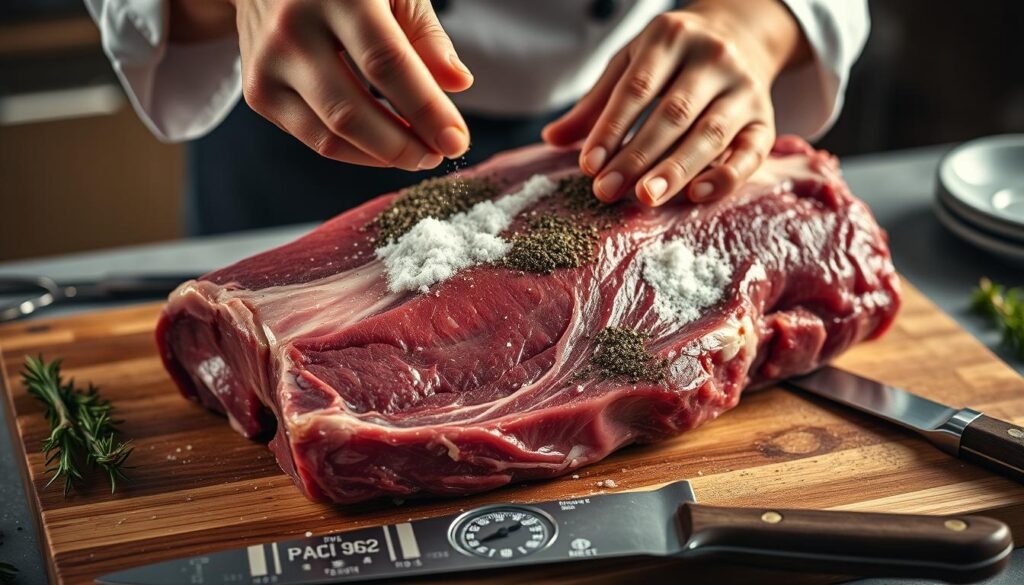 A close-up shot of a chef's hands meticulously seasoning a large, glistening prime rib roast with a blend of coarse salt, freshly ground black pepper, and aromatic herbs. The meat is set atop a wooden cutting board, surrounded by a mise en place of kitchen tools and ingredients, including a sharp carving knife, a meat thermometer, and sprigs of rosemary and thyme. Soft, warm lighting casts a subtle glow, highlighting the intricate texture of the beef and the care taken in the preparation. The atmosphere is one of focused attention and culinary expertise, setting the stage for the creation of a truly exceptional prime rib dish.
