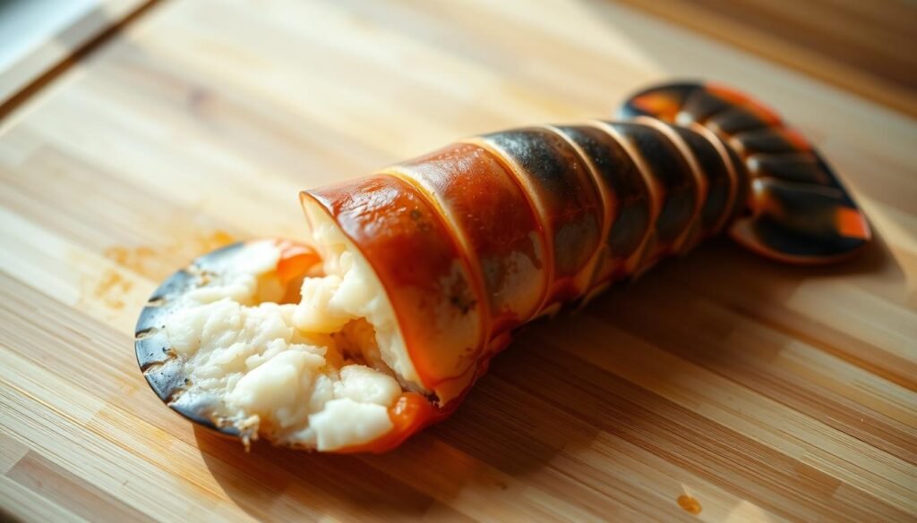 A close-up shot of a freshly prepared lobster tail, its shell expertly split and fanned open, revealing the succulent, tender meat within. The tail is placed on a clean, wooden cutting board, illuminated by soft, natural lighting that casts subtle shadows, highlighting the intricate texture of the shell. The composition emphasizes the preparation process, inviting the viewer to imagine the delectable flavors and textures of the lobster. The image conveys a sense of culinary expertise and the excitement of creating a delicious seafood dish.