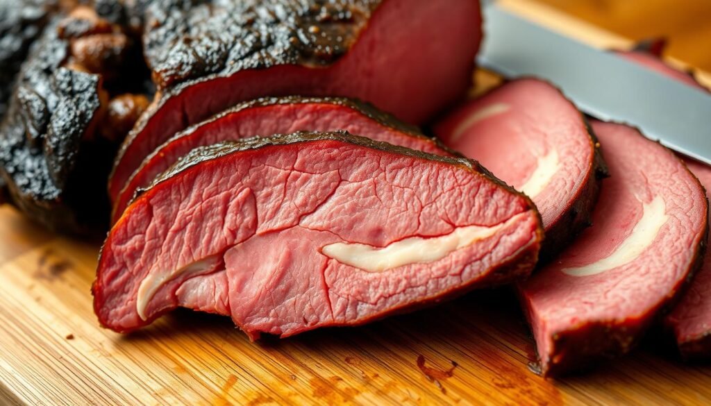 A close-up shot of a freshly sliced corned beef brisket, the deep reddish-pink hue of the meat contrasting with the pale yellow of the fat marbling. The brisket is laid on a wooden cutting board, the grains of the wood visible, with a sharp knife positioned next to it, ready to slice. The image is well-lit, with a warm, natural lighting that casts subtle shadows, emphasizing the texture and layers of the meat. The overall composition is balanced, with the corned beef taking up the majority of the frame, highlighting its defining characteristics as the central focus of the image.