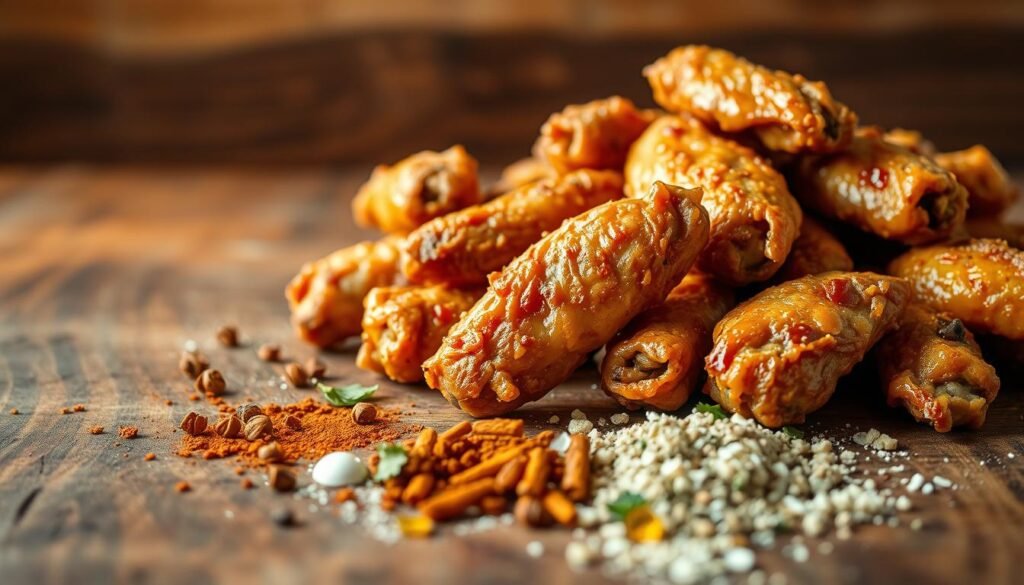 A close-up shot of a rustic wooden table, illuminated by warm, natural lighting. On the table, a pile of golden, crispy chicken wings, their skin glistening with a delectable crunch. In the foreground, a scatter of spices, herbs, and seasonings, hinting at the flavors that have transformed these wings into a mouth-watering delight. The background is softly blurred, allowing the wings to take center stage, showcasing their perfect texture and inviting the viewer to imagine the satisfying bite.