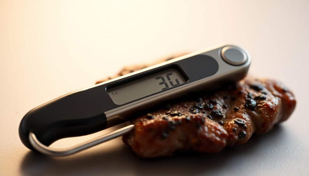 A close-up shot of a stainless steel digital meat thermometer with a sleek, modern design. The thermometer's large LCD display prominently shows the current temperature reading. The body has a slim, ergonomic shape for comfortable one-handed use. Soft, muted lighting illuminates the scene, creating a clean, professional atmosphere suitable for a kitchen or culinary setting. The thermometer is placed on a neutral-colored surface, allowing it to be the focal point of the image. The overall composition emphasizes the precision and functionality of this essential cooking tool.