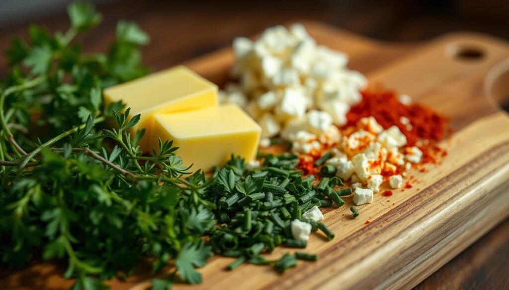 A close-up shot of a wooden cutting board filled with an assortment of savory corn toppings. In the foreground, a medley of fresh herbs - parsley, chives, and thyme - are neatly arranged. In the middle ground, glistening pats of butter, crumbled feta cheese, and a sprinkle of paprika create a tempting color palette. The background is softly blurred, allowing the textures and flavors of the toppings to take center stage. Warm, natural lighting casts a gentle glow, accentuating the vibrant hues and inviting the viewer to imagine the delightful taste and aroma of these simple, yet elevated corn accompaniments.