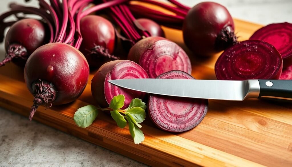 A close-up shot of a wooden cutting board with freshly washed beets. The beets are varying shades of deep crimson, their smooth skin glistening under warm, natural lighting. A sharp chef's knife rests nearby, ready to slice through the firm, earthy roots. In the background, a neutral-toned kitchen counter provides a clean, uncluttered backdrop, allowing the vibrant colors of the beets to take center stage. The overall scene conveys a sense of simple, mindful food preparation, highlighting the beauty and versatility of this humble root vegetable.