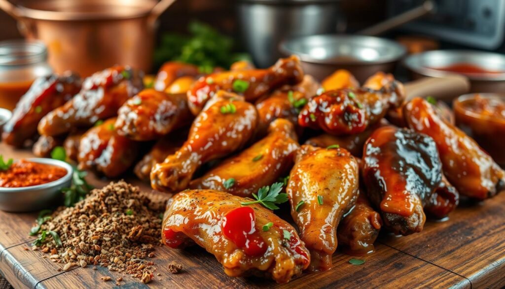 A close-up shot of an assortment of chicken wings, each coated in a variety of flavorful sauces and seasonings. The wings are arranged on a rustic wooden surface, with the foreground featuring a selection of spices, herbs, and condiments used to create the different flavor profiles. The middle ground showcases the wings themselves, glistening with the sauces and spices, while the background depicts a warm, inviting kitchen setting with hints of copper pots and pans. The lighting is soft and natural, casting a subtle glow on the scene, evoking a sense of homemade comfort and culinary expertise.