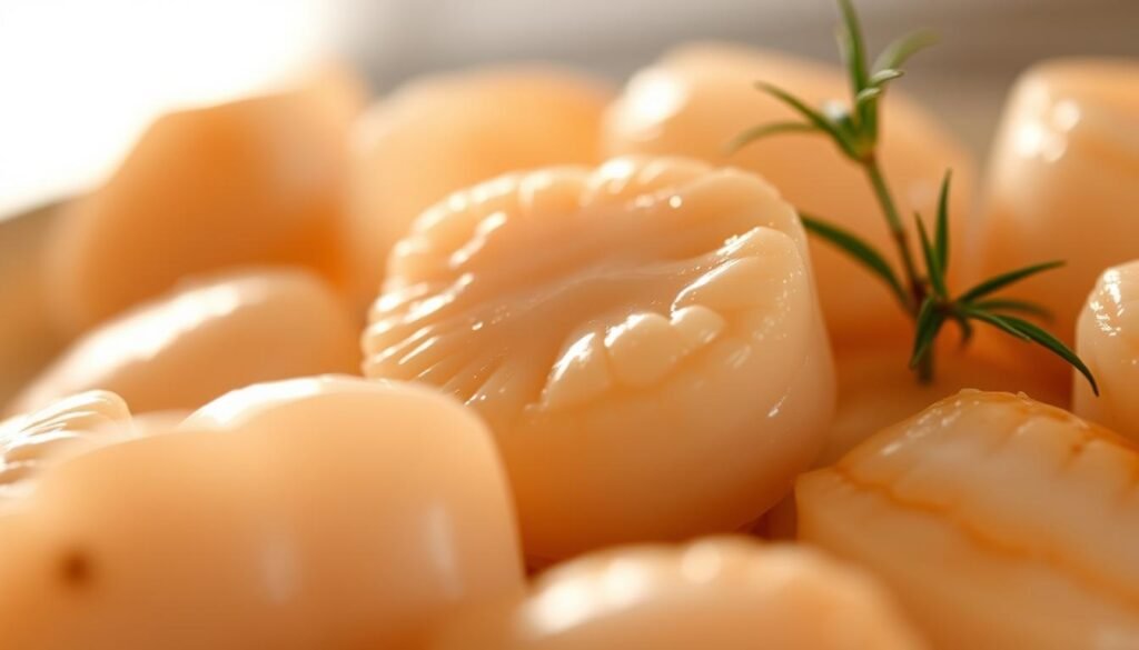A close-up shot of fresh, succulent scallops glistening under a soft, warm light. The surface of the scallops appears slightly translucent, revealing their tender, delicate texture. The background is blurred, keeping the focus on the scallops and their mouthwatering appearance. The lighting creates a subtle, golden hue, evoking a sense of culinary indulgence. The composition emphasizes the scallops' natural beauty, allowing the viewer to imagine the delicate, sweet flavor that awaits.