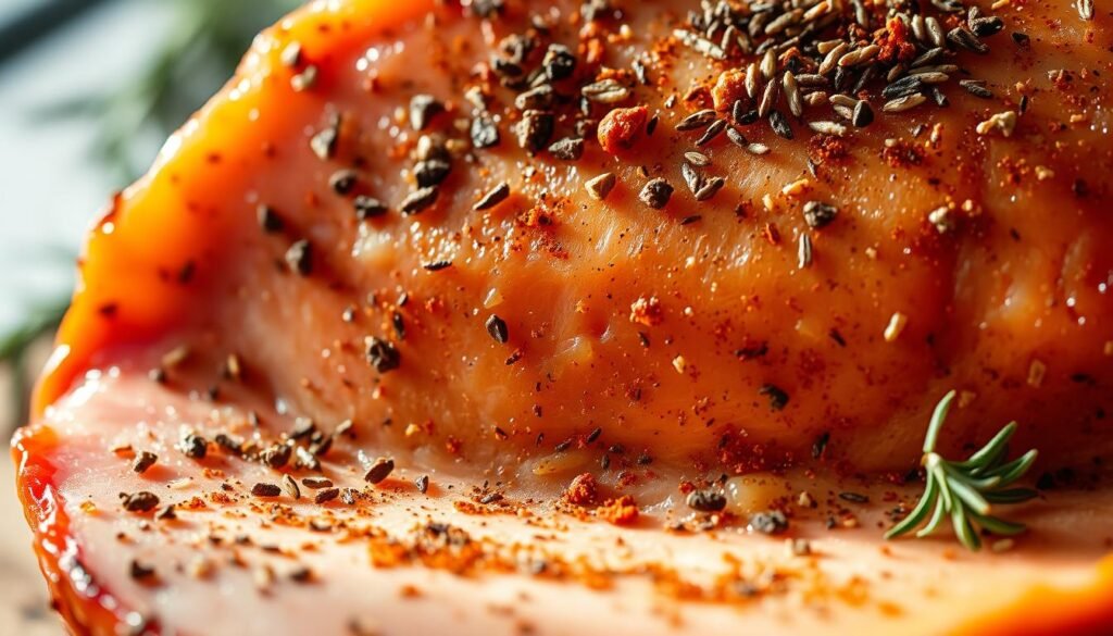A close-up shot of freshly seasoned ham, with a crisp, golden-brown exterior. The surface is adorned with a blend of aromatic spices, including coarse black pepper, fragrant rosemary, and a sprinkle of smoked paprika, casting a warm, earthy hue over the meat. The lighting is soft and diffused, creating a gentle, inviting atmosphere, with subtle shadows accentuating the texture and depth of the ham. The background is blurred, keeping the focus on the seasoned ham, which is the star of the composition, ready to be sliced and savored as part of a delectable culinary experience.