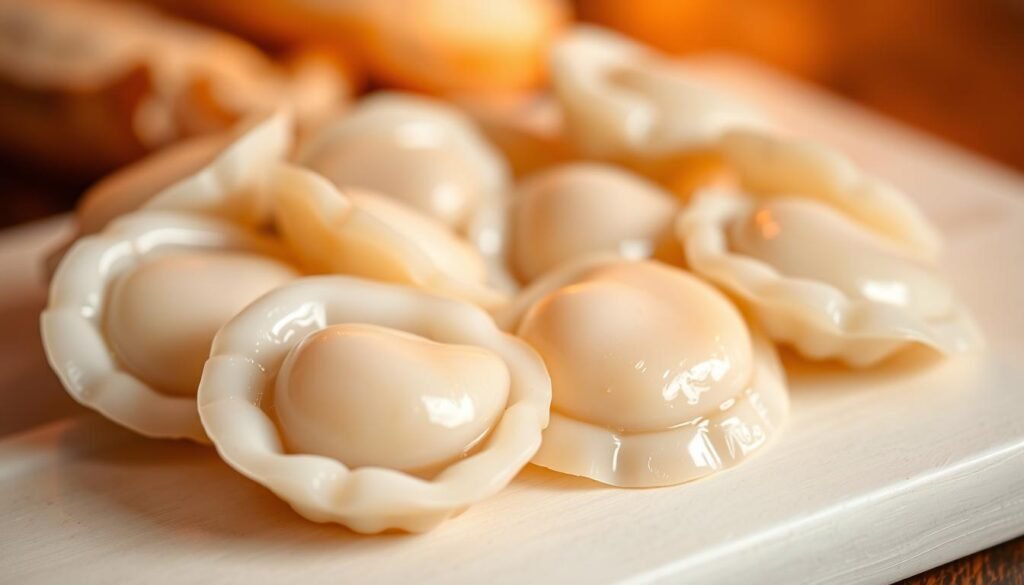 A close-up shot of freshly shucked scallops, their tender white flesh glistening under warm, soft lighting. The scallops are arranged on a clean, lightly textured surface, perhaps a wooden cutting board or a plain white plate, allowing their natural beauty to shine. The background is slightly blurred, creating a sense of focus and emphasis on the scallops. The lighting casts gentle shadows, highlighting the delicate, almost translucent quality of the scallops. The overall atmosphere conveys a sense of culinary elegance and the anticipation of a delicious seafood dish.
