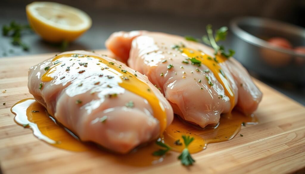A close-up shot of raw chicken breasts resting on a wooden cutting board, drizzled with a marinade made of olive oil, lemon juice, garlic, and fresh herbs. The chicken is glistening under warm, soft lighting that casts gentle shadows, hinting at the texture of the meat. The background is blurred, keeping the focus on the prepared chicken, ready to be air fried to perfection. The overall mood is one of anticipation and culinary preparation, setting the stage for a delicious and healthy air-fried chicken dish.