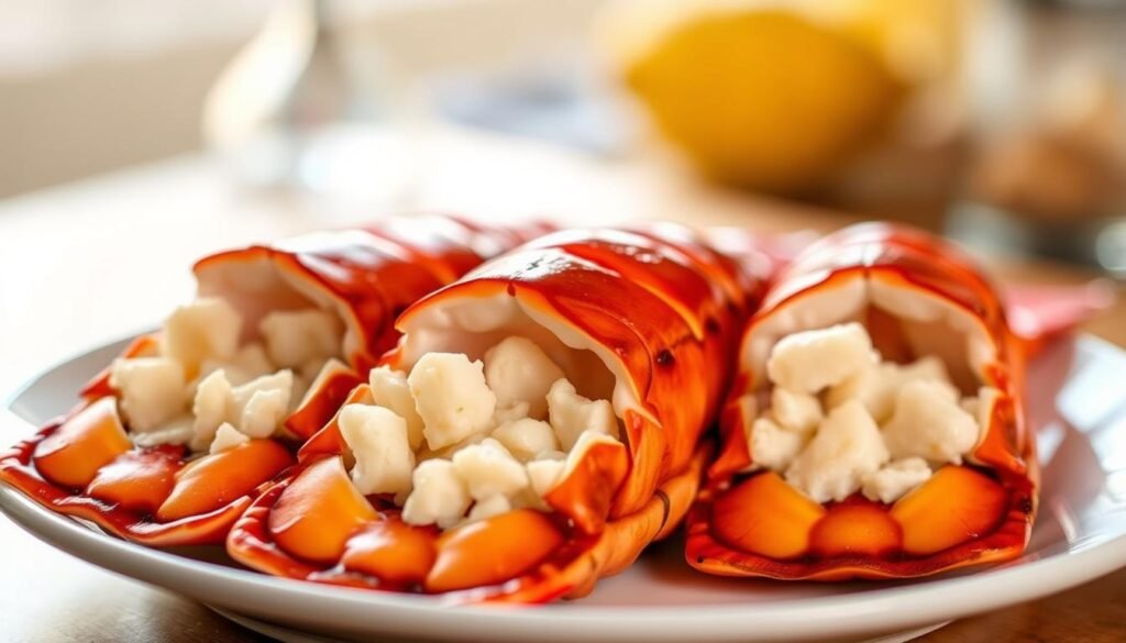 A close-up shot of three freshly cooked, succulent lobster tails resting on a white plate. The tails are glistening with a golden-brown, perfectly grilled exterior, revealing the tender, flaky meat within. The lighting is warm and natural, creating a mouthwatering, high-quality food photography aesthetic. The background is blurred, allowing the viewer to focus on the intricate details and textures of the lobster tails. The image conveys the premium quality and culinary elegance of this seafood delicacy, capturing the essence of "Understanding Lobster Tails" in a visually captivating manner.