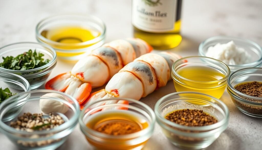 A close-up shot of various marinades and spices for lobster tails, captured in natural lighting with a shallow depth of field. In the foreground, an array of small glass bowls containing herbs, spices, and aromatic liquids like melted butter, garlic, lemon juice, and white wine. In the middle ground, a couple of raw lobster tails sit nestled among the marinades, glistening with anticipation. The background is softly blurred, providing a minimalist, neutral setting to allow the vibrant colors and textures of the ingredients to take center stage. The overall mood is one of culinary preparation, inviting the viewer to imagine the delicious flavors that will soon enhance the lobster tails.