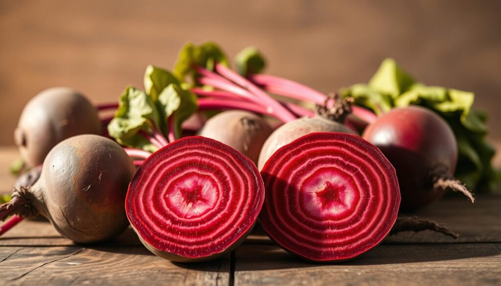 A close-up still life composition showcasing a variety of fresh beets, their rich ruby-red and golden-yellow flesh exposed. The beets are arranged on a rustic wooden surface, illuminated by warm natural lighting that casts gentle shadows. In the foreground, a cross-section of a beet reveals its intricate concentric circles, highlighting its vibrant colors and dense, juicy texture. In the middle ground, whole beets are positioned to display their leafy green tops and the earthy tones of their skin. The background features a simple, muted backdrop that allows the beets to be the focal point, emphasizing their nutritional benefits and culinary versatility.