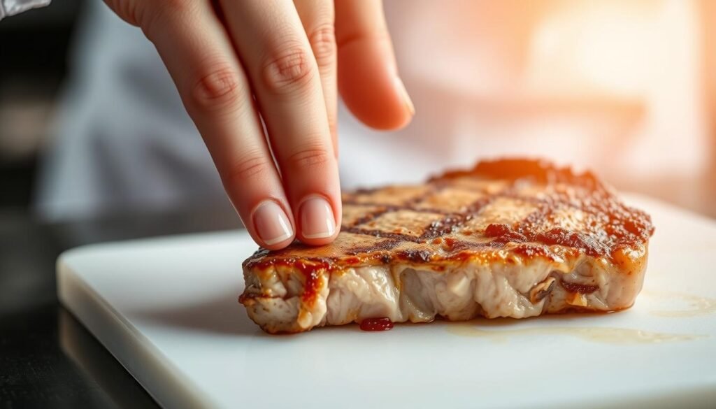 A close-up view of a chef's hand gently pressing on the surface of a perfectly seared pork chop, checking for doneness. The pork chop rests on a clean, white cutting board, its juices glistening under the warm, focused lighting. The image captures the concentration and care taken in ensuring the pork chop is cooked to perfection, the chef's fingers delicately assessing the firmness and texture of the meat. The background is blurred, keeping the viewer's attention solely on the chef's hand and the pork chop, conveying a sense of precision and attention to detail in the cooking process.