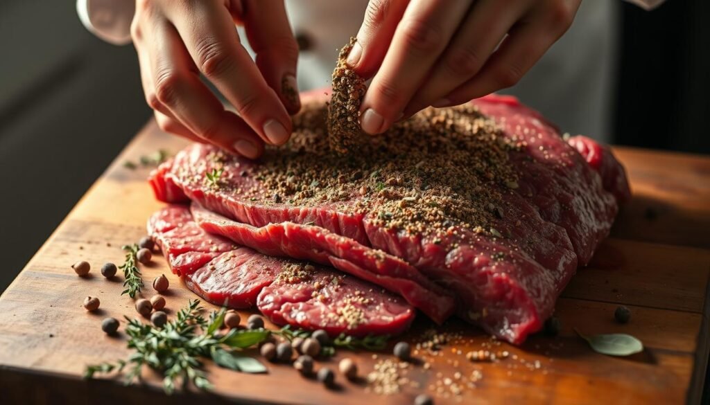 A close-up view of a chef's hands seasoning a slab of corned beef with a variety of aromatic spices. The beef is placed on a rustic wooden cutting board, surrounded by sprigs of fresh thyme, whole peppercorns, and a scatter of fragrant bay leaves. Soft, warm lighting from the side casts gentle shadows, highlighting the texture of the meat and the subtle sheen of the seasoning rub. The image conveys the comforting aroma and tactile experience of preparing this classic dish, setting the stage for the next steps in the cooking process.