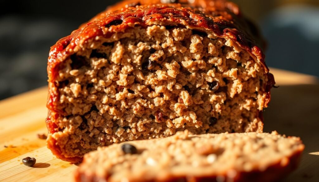 A close-up view of a freshly sliced meatloaf, revealing its tender, juicy interior. The cross-section showcases the even cooking throughout, with a delicate balance of ground meat, breadcrumbs, and savory seasonings. The lighting is warm and soft, casting a natural glow that accentuates the meatloaf's rich, brown exterior and the vibrant hues of the ingredients within. The image is captured at a slight angle, providing a clear, detailed perspective of the meatloaf's internal temperature, which is visible through the precise, clean cut. The overall composition is visually appealing, inviting the viewer to imagine the satisfying texture and flavor of this classic comfort food.