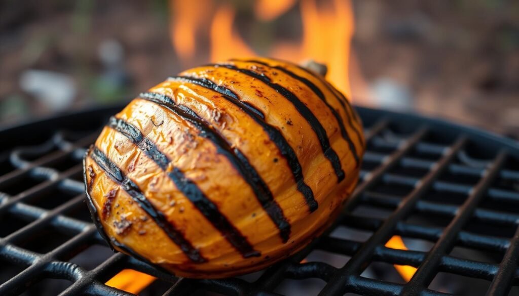 A close-up view of a grilled acorn squash half, resting on a sturdy cast-iron grill grate. The squash's deeply burnished exterior is adorned with distinct char marks, hinting at the smoky, caramelized flavors within. Warm, golden light filters through the scene, casting a soft, inviting glow. The grilled squash is framed by the rustic, iron grill, with glimpses of an earthy, natural background peeking through. The overall composition evokes a backyard barbecue or cozy outdoor cooking setup, perfectly capturing the essence of "Grilling Acorn Squash for a Smoky Flavor".