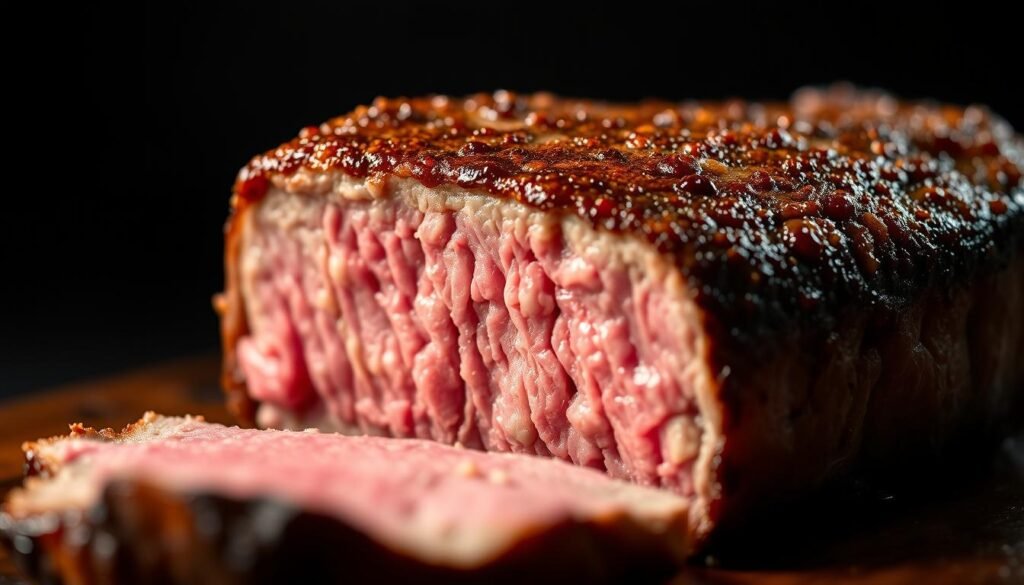 A close-up view of a perfectly seared filet mignon steak, with a golden-brown crust that glistens under the warm, soft lighting. The tender, juicy meat is showcased against a dark, moody background, emphasizing the dramatic contrast. The steak is sliced to reveal the pink, succulent interior, enticing the viewer. The composition highlights the technical mastery of searing, capturing the essence of the "Searing Techniques for Flavorful Crust" section. Captured with a shallow depth of field and a high-quality, professional camera lens to accentuate the textural details and rich, savory flavors.