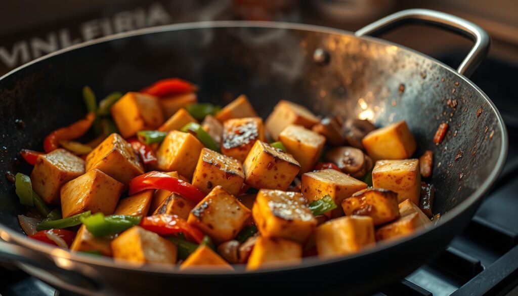 A close-up view of a wok on a stovetop, filled with sizzling tofu cubes, crisp vegetables, and a savory sauce. The tofu is golden-brown, with a slightly charred exterior, nestled among brightly colored bell peppers, onions, and mushrooms. The scene is bathed in a warm, ambient light, casting subtle shadows and highlighting the textural contrast between the firm tofu and the tender vegetables. The composition emphasizes the dynamic action of stir-frying, with the ingredients poised mid-toss, capturing the energy and rhythm of the cooking process. The overall mood is one of culinary expertise, with a focus on the essential elements of a successful tofu stir-fry.