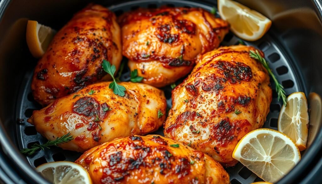 A close-up view of juicy, golden-brown chicken breasts sizzling in an air fryer, surrounded by fresh herbs, spices, and a spray of lemon wedges. The air fryer's metallic body casts a warm, even glow on the scene, illuminating the crisp, evenly cooked skin. The chicken is arranged with care, showcasing its delectable texture and flavor. The overall atmosphere is one of culinary expertise and mouthwatering anticipation, inviting the viewer to imagine the satisfying crunch and juicy tenderness of the air-fried chicken. Captured with a crisp, high-resolution lens to highlight the intricate details and precise cooking technique.