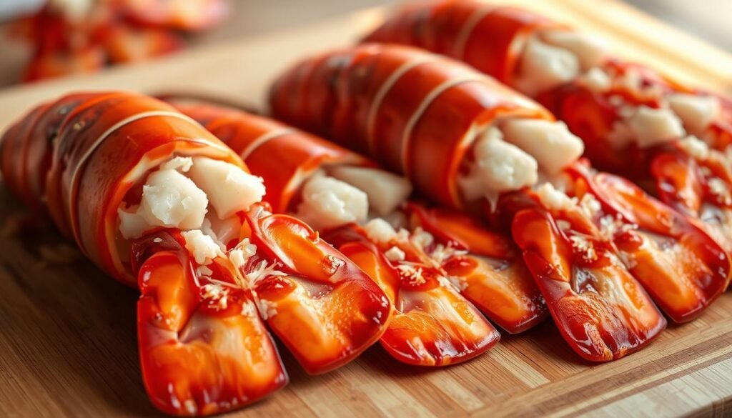 A close-up view of several freshly cooked lobster tails arranged on a wooden cutting board. The tails are a vibrant red-orange color, with the tender white meat visible through the translucent shells. The lighting is natural and soft, creating a warm, inviting atmosphere. The camera angle is slightly elevated, capturing the detailed texture and shape of the tails. The background is blurred, keeping the focus solely on the main subject. The overall composition emphasizes the succulent and appetizing nature of the lobster tails, ready to be enjoyed as part of a delectable seafood dish.