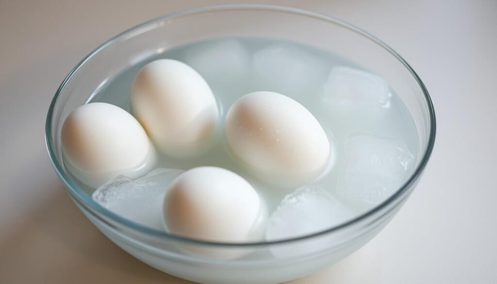 A close-up view of several hard-boiled eggs being cooled in a shallow bowl of ice water. The eggs are gently submerged, their shells glistening with water droplets. Soft, diffused lighting illuminates the scene, casting a serene, tranquil atmosphere. The bowl is placed on a clean, neutral-colored surface, allowing the main focus to be on the eggs themselves. The image conveys a sense of care and attention to detail in the process of properly cooling and preparing hard-boiled eggs for peeling and serving.