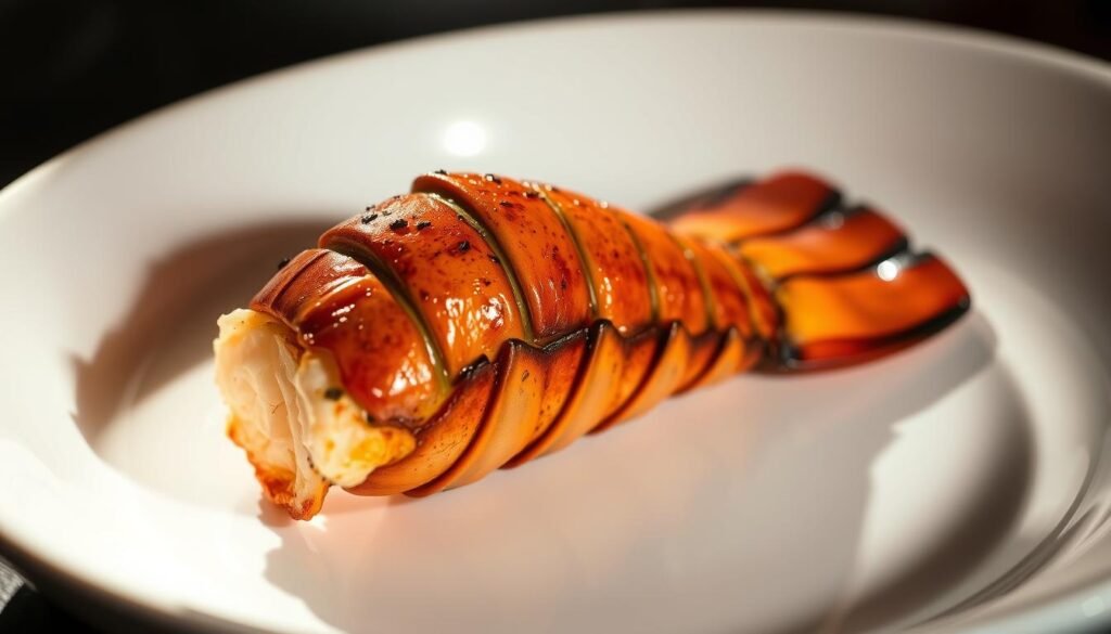 A closeup of a broiled lobster tail, the shell glistening with a golden-brown crust, the tender meat peeking through. The tail is positioned on a clean, white ceramic dish, casting soft shadows that suggest dramatic studio lighting. The setting evokes an elegant culinary presentation, hinting at the care and precision required to prepare this delectable seafood dish. The overall mood is one of mouthwatering anticipation, inviting the viewer to imagine the satisfying crunch and succulent flavor of the broiled lobster.