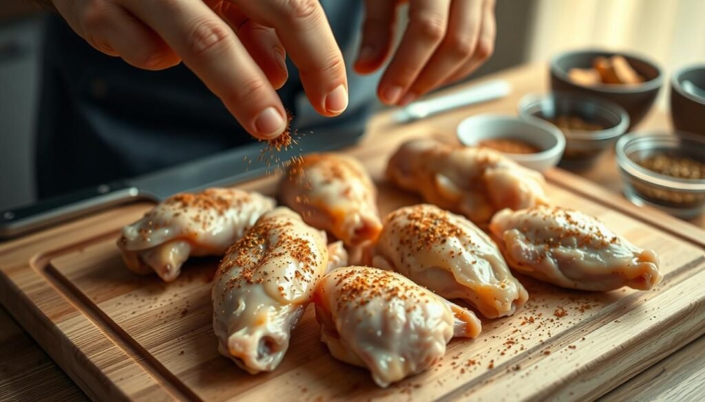 A closeup view of a person's hands carefully preparing chicken wings for the oven. The wings are arranged on a clean, wooden cutting board, their skin glistening with a light coating of oil. In the foreground, the person's fingers deftly season the wings with a blend of aromatic spices, creating a tantalizing aroma. The middle ground features the array of tools used for the task, including a sharp knife, a basting brush, and small bowls of seasoning. The background is softly blurred, creating a sense of focus on the preparatory process. The lighting is warm and natural, highlighting the texture of the chicken and the movements of the hands. The overall atmosphere conveys a sense of careful attention and anticipation for the perfectly cooked chicken wings to come.