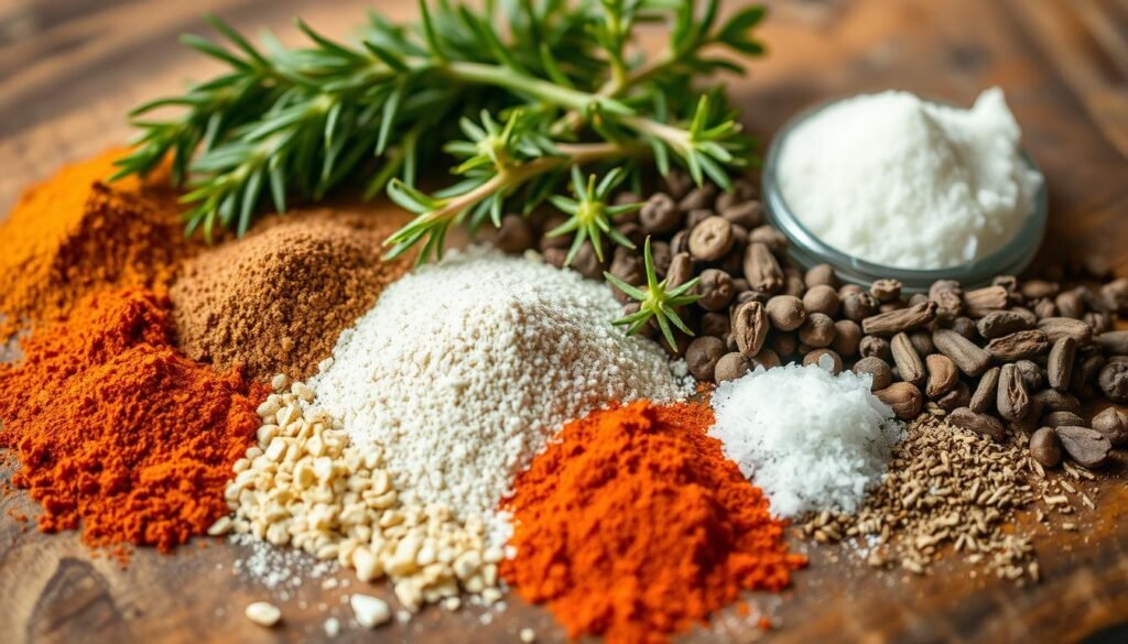 A closeup view of an assortment of spices and herbs neatly arranged on a rustic wooden surface, creating a visually appealing and inviting presentation. The foreground features a variety of whole and ground spices, including paprika, garlic powder, onion powder, chili powder, black pepper, and sea salt. The middle ground showcases a selection of fresh herbs like rosemary, thyme, and oregano, their vibrant green hues contrasting with the warm tones of the wood. The background is softly blurred, emphasizing the focus on the seasoning ingredients. The lighting is natural and diffused, casting a gentle glow and creating shadows that add depth and texture to the scene. The overall mood is one of culinary inspiration and the promise of perfectly seasoned, mouthwatering ribs.