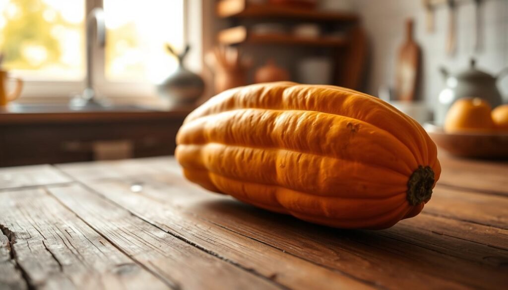 A crisp, golden-orange butternut squash resting on a rustic wooden table, its distinctive elongated shape and ridged exterior illuminated by warm, natural lighting. The squash's smooth, thin skin reveals its dense, creamy flesh within, ready to be transformed into a hearty, comforting dish. In the background, a soft, blurred kitchen scene sets the stage, hinting at the culinary possibilities that await. A sense of simplicity and nourishment permeates the scene, inviting the viewer to explore the versatile and delicious nature of this autumn staple.