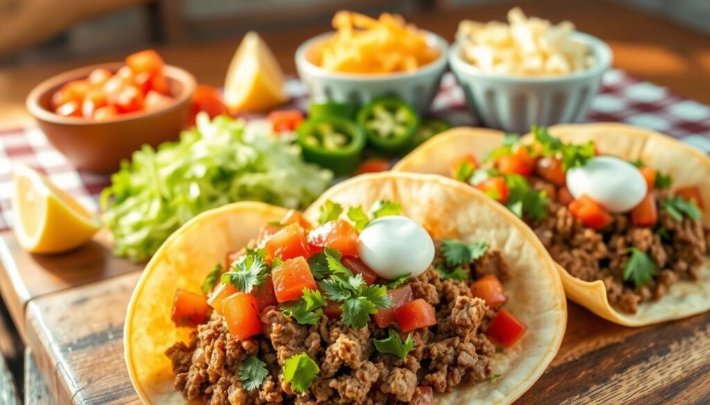 A delectable beef taco recipe, captured in a warm, inviting scene. In the foreground, a perfectly seasoned ground beef filling nestled in crisp taco shells, garnished with vibrant diced tomatoes, fresh cilantro, and a dollop of creamy sour cream. The middle ground showcases a selection of taco accompaniments, including shredded lettuce, grated cheddar cheese, and sliced jalapeños, inviting the viewer to customize their taco experience. The background features a rustic wooden table, with a checkered tablecloth and a few scattered lemon wedges, conveying a cozy, homemade atmosphere. Warm, natural lighting casts a golden glow, heightening the appetizing appeal of this mouthwatering dish.