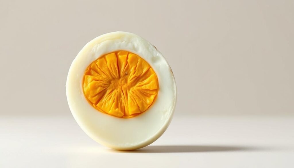 A detailed, cross-sectional view of a hard-boiled egg, showcasing its intricate internal structure. The egg is presented against a clean, neutral background, illuminated by soft, natural lighting that highlights the delicate layers and textures. The composition emphasizes the egg's symmetry, with the yolk centered and the albumen (egg white) neatly encapsulating it. The prompt should convey a sense of scientific curiosity and educational value, inviting the viewer to explore the anatomy of this common, yet remarkable, food item.