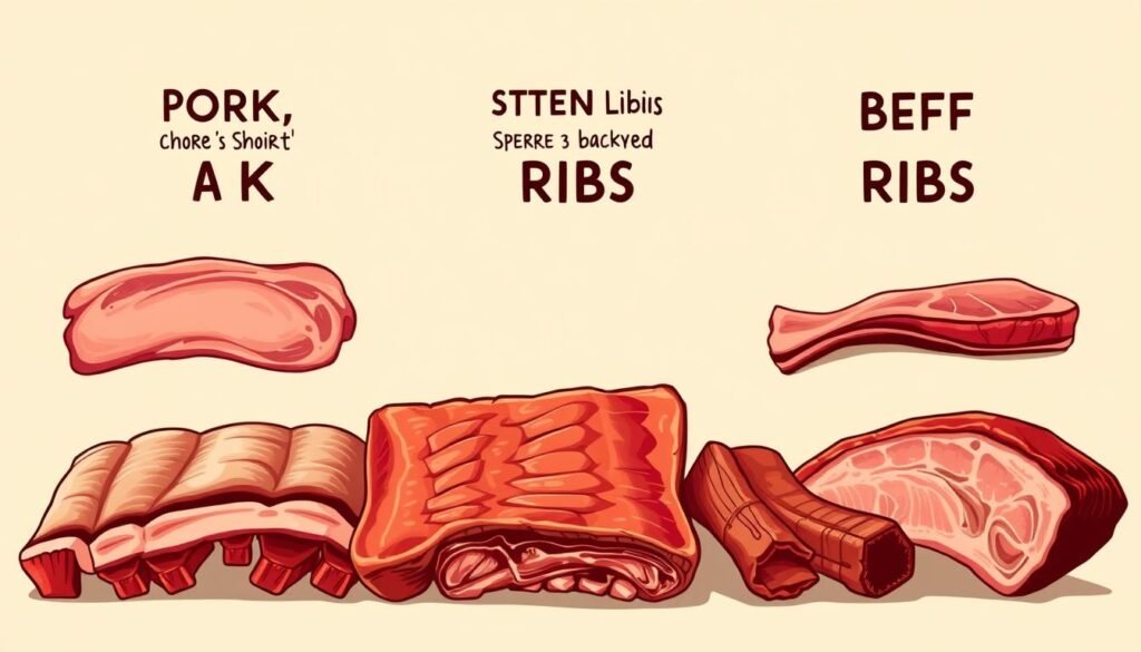 A detailed illustration of different types of ribs, including pork baby back ribs, St. Louis-style spare ribs, and beef short ribs. The ribs are arranged in the foreground, showcasing their unique shapes, textures, and marbling. The middle ground features a neutral background, allowing the ribs to be the focal point. The lighting is soft and warm, creating a cozy, inviting atmosphere that complements the subject matter. The camera angle is slightly elevated, providing a clear, comprehensive view of the various rib cuts. The overall mood is one of culinary exploration, guiding the viewer to choose the perfect ribs for their oven-baked recipe.