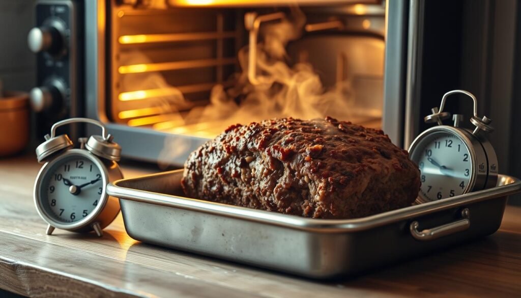 A gleaming metal baking tray sits on a rustic wooden countertop, filled with a savory meatloaf slowly roasting under the warm glow of a modern oven. Steam rises gently, hinting at the tender, juicy interior. Beside the tray, a retro kitchen timer ticks away the recommended cooking time, its vintage design complementing the scene. The overall lighting is soft and natural, casting gentle shadows that add depth and dimension to the composition. The background is slightly blurred, keeping the focus on the meatloaf and its preparation. This image perfectly captures the "Recommended Cooking Times" section, inviting the viewer to imagine the aroma and texture of the perfectly cooked meatloaf.